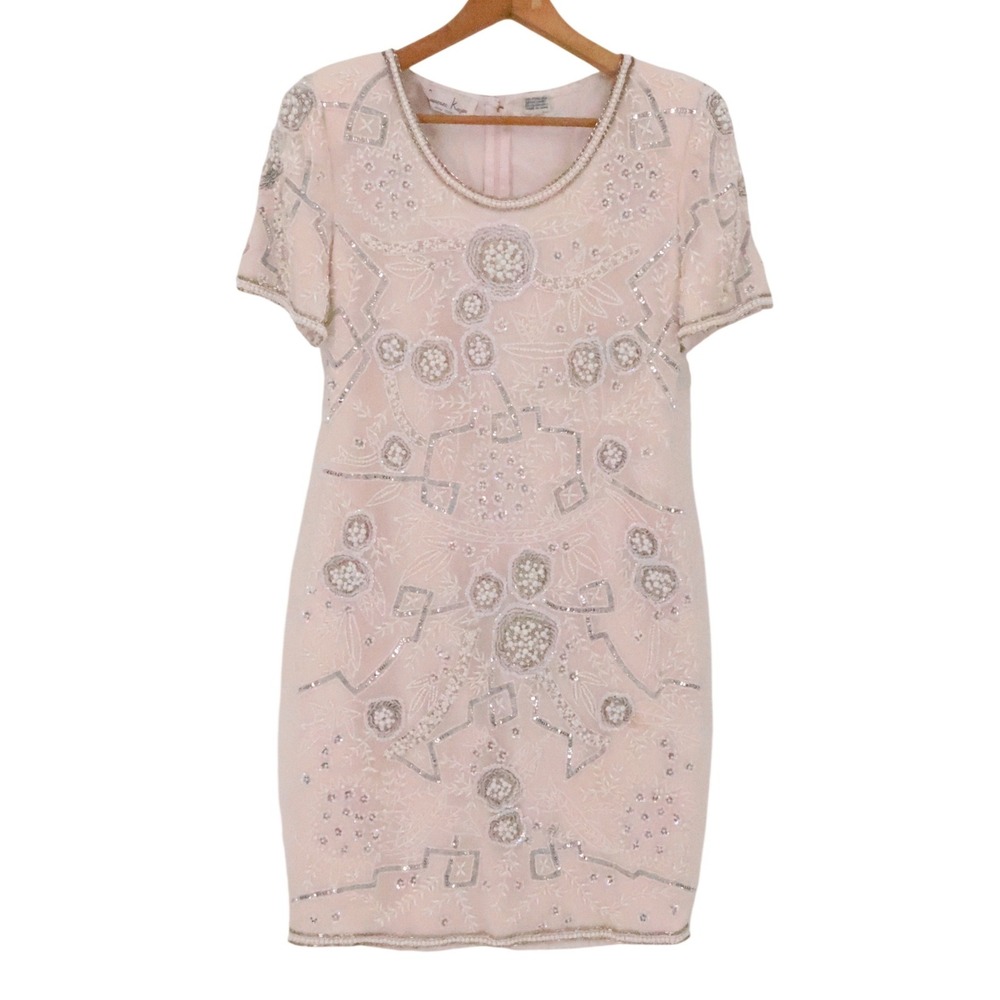 Laurence Kazar Vintage 90s Beaded Silk Cocktail Dress Womens Size PM Blush Pink‎